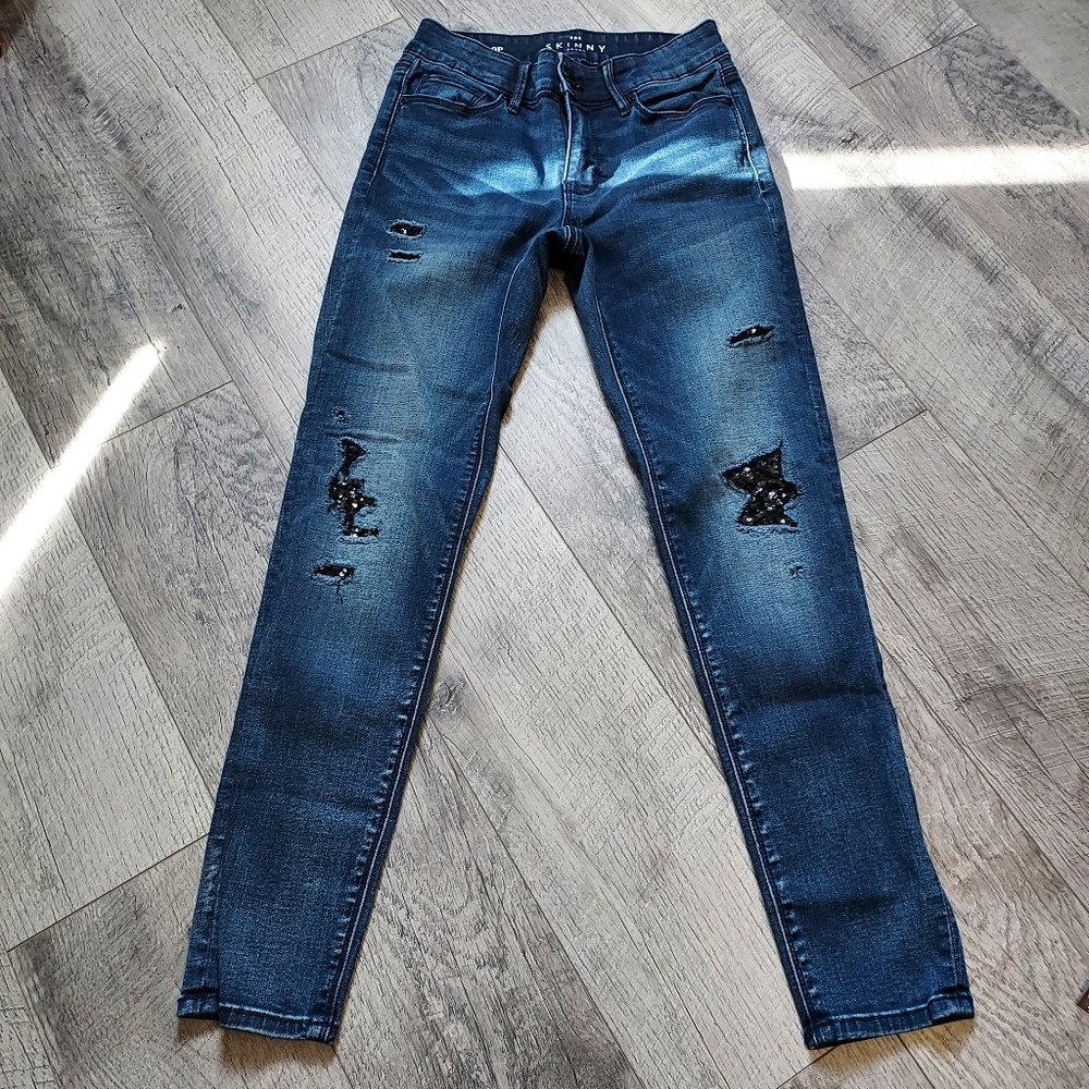 White House Black Market Womens The Skinny Ankle Black Sequin Cutout Jeans - 0P